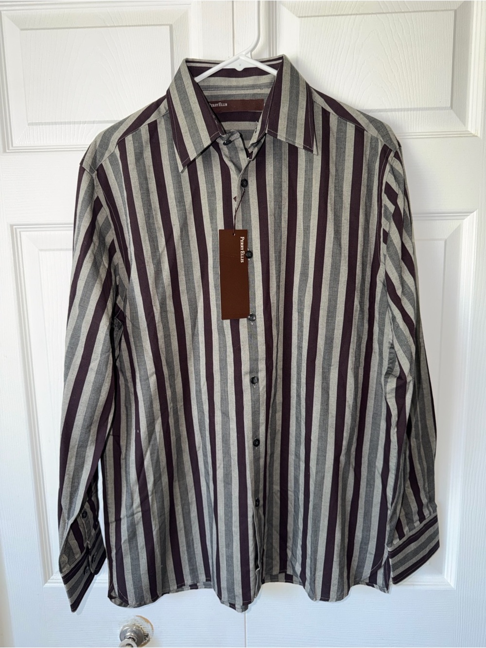 Perry Ellis  Men's Burgundy and Gray Vertical Stripe Button-Down Shirt